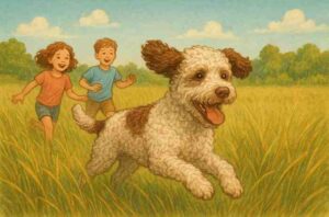 Lagotto Romagnolo running through tall grass with children