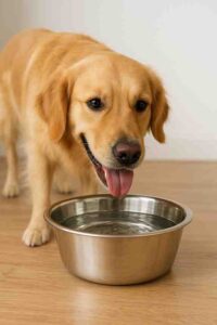 Shiny clean water bowl with a happy dog drinking