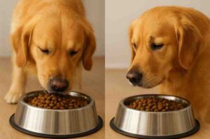 dog happily eating Orijen