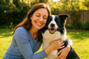 Happy owner and dog both content and safe
